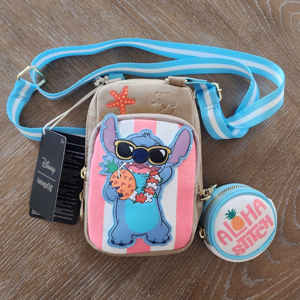 Loungefly Blue Pink Tan Aloha Stitch Crossbody Bag with Coin Pouch